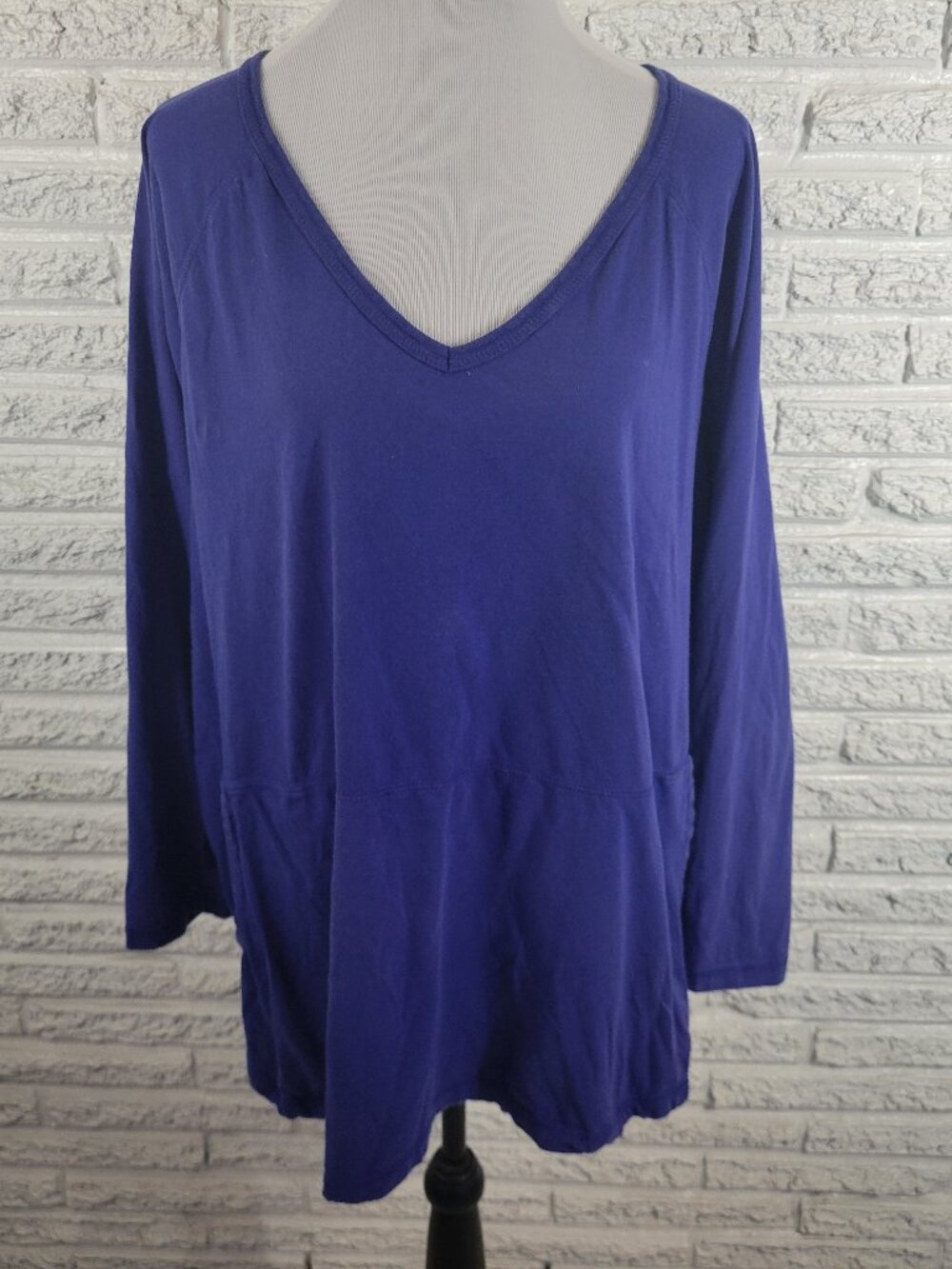 Dreams Co Smock Tee Top 2X Plus Blue Cotton Long Sleeve V Neck Pockets BLU34E